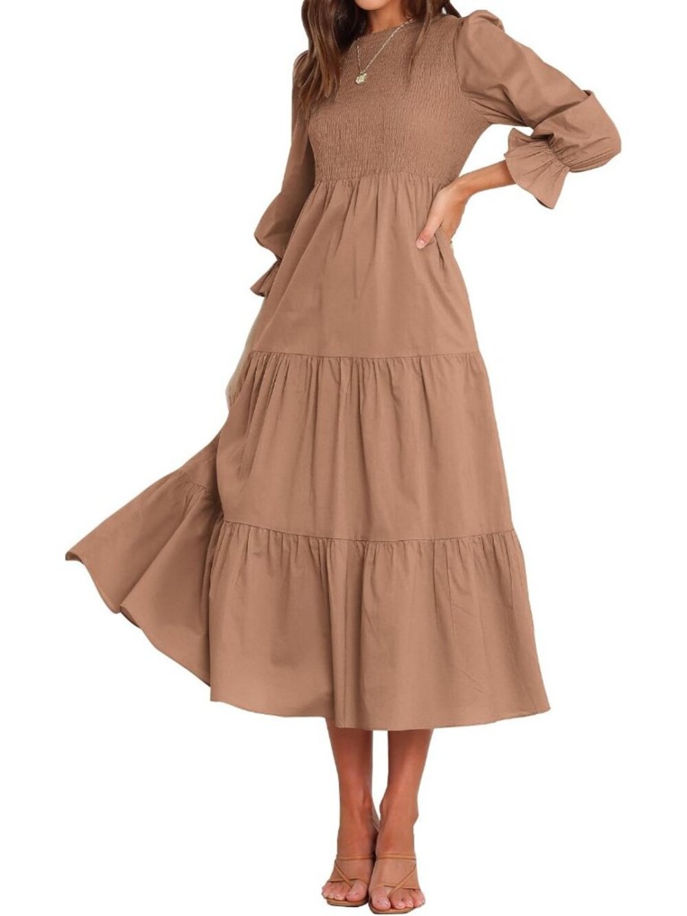 Casual Long Sleeve Floral Maxi Dress - Bohemian Tiered Cocktail Dress for Fall